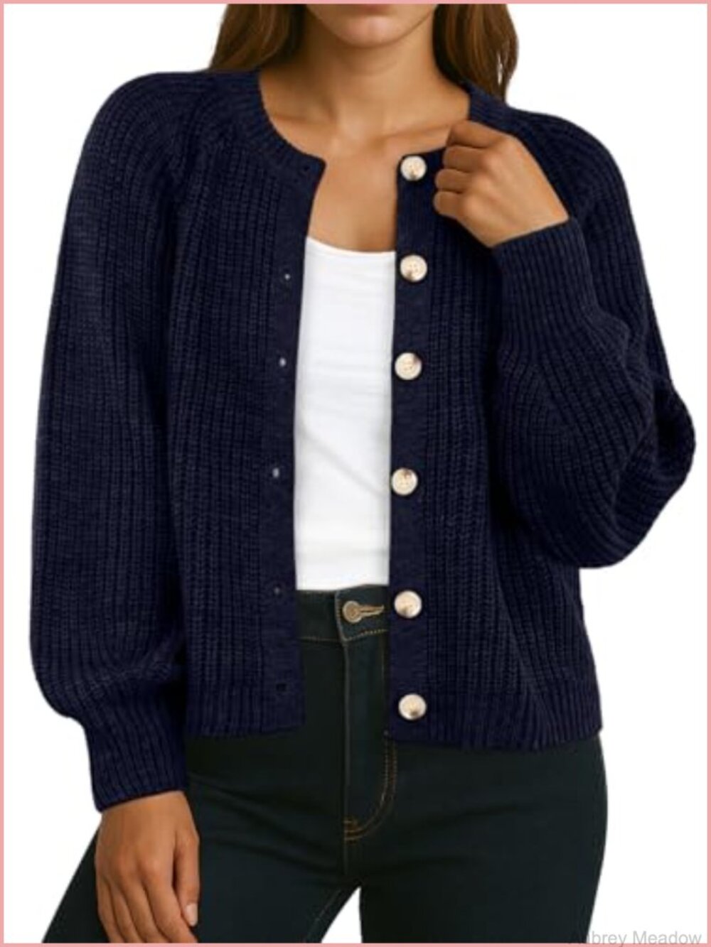 Chunky Knit Button Front Cardigan Crewneck Lantern Sleeve Women's Sweater